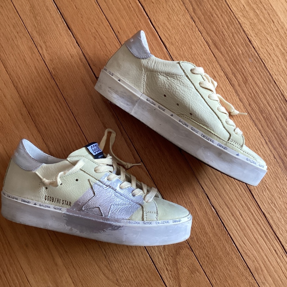 Golden Goose pale yellow/silver women’s size 7 HiStar slight platform sneakers.